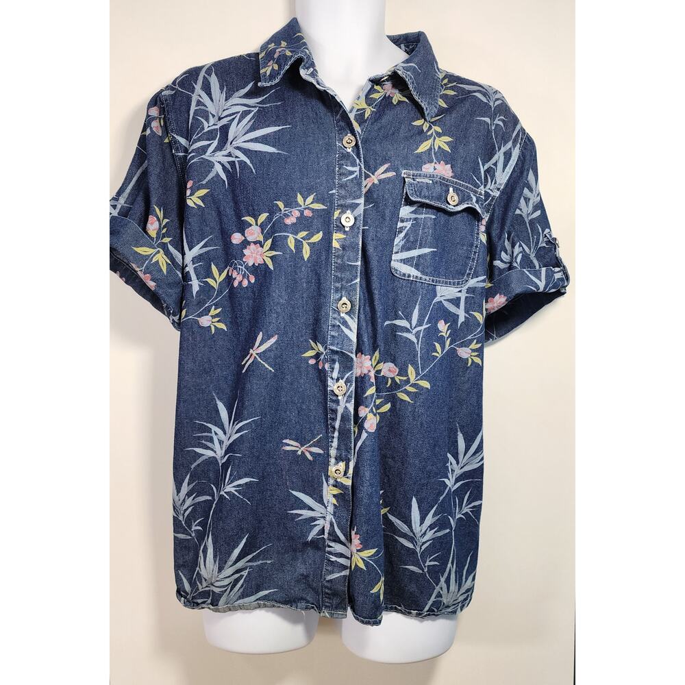 Sag Harbor Sport 2X Floral Denim Shirt Coastal‎ Tropical Button Front
